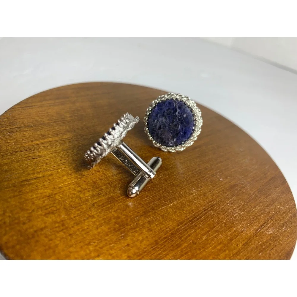 Vintage Dante Men's Sodalite‎ Cufflinks Silver Tone Round Blue Stone Formal Wear